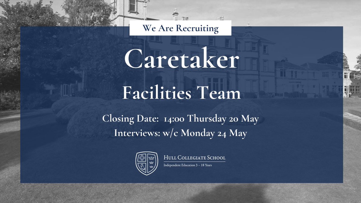 Tranby_school's tweet photo. We are looking to appoint a full time permanent Caretaker to work within our Facilities team, with an immediate start date.

Full details and apply online here:
https://t.co/pPcCYN7bUw 

#HCScommunity #recruitment https://t.co/O64mQg9GVH