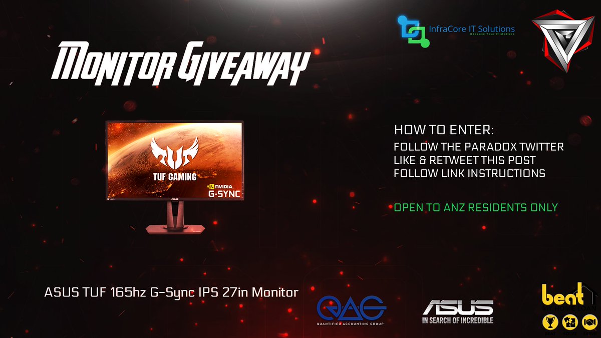 ParadoxESC's tweet image. In collaboration and celebration of our partnership with @InfracoreIT , we are giving away a Monitor!

🔗gleam.io/Udwdo/monitor-…

The Giveaway is open to ANZ residents only. Follow the prompts in the link to enter!

#InfraCore #ParaFam