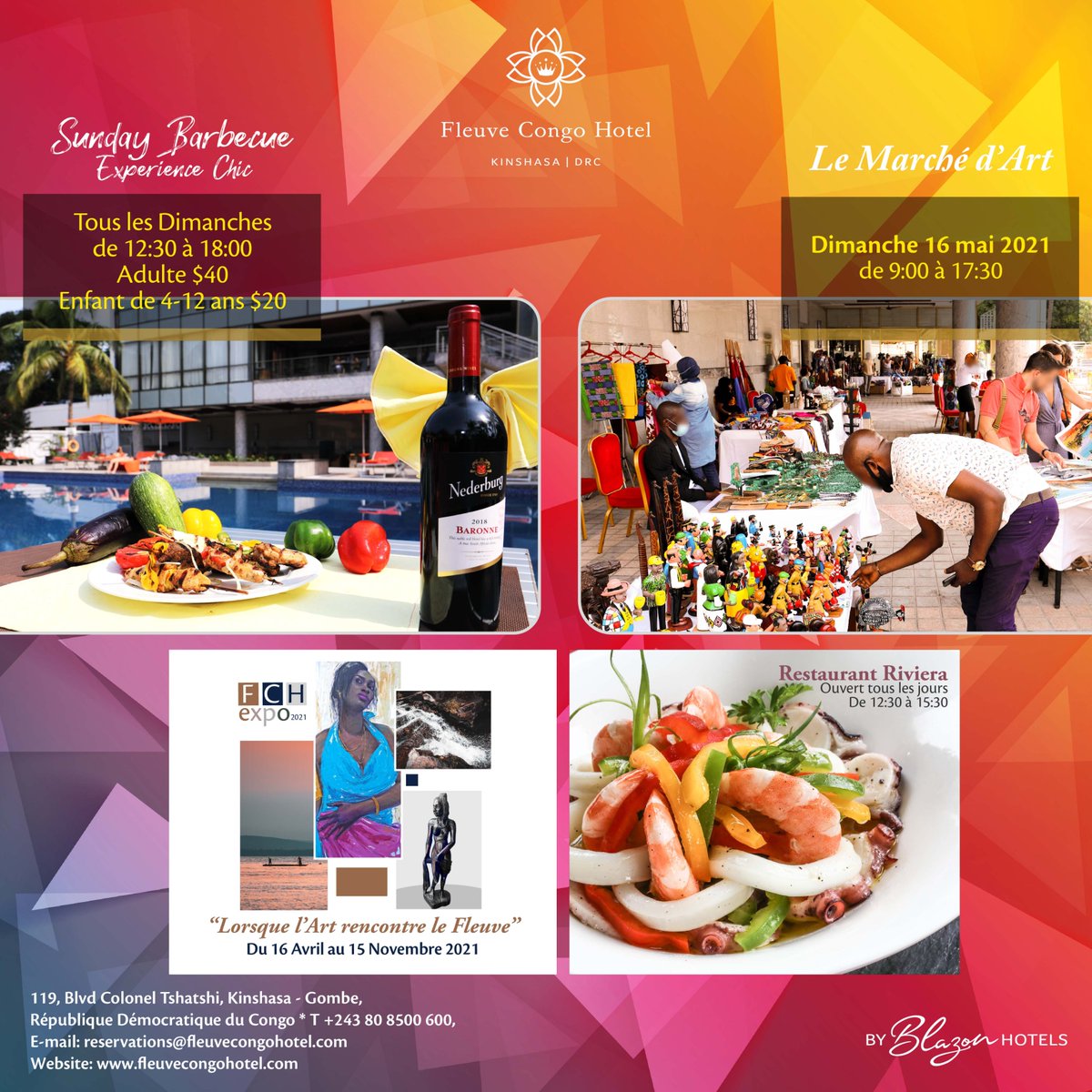 FCHBlazonHotels's tweet photo. Nos activités mensuelles pour tous renseignements contactez 080 8500 600 ou sales.kinshasa@fleuvecongohotel.com
Bienvenu à tous! #sundaybbq #fleuvecongohotel #experiencechic https://t.co/j45taldPjm