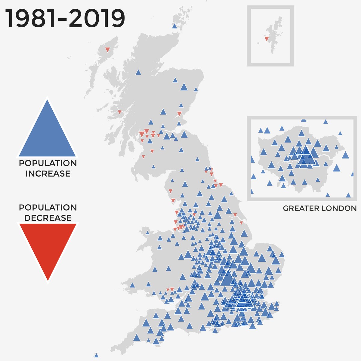 A few 'levelling-up' related maps today, after looking at recent ONS data release on local authority populations for each year 1981 to 2019 (based on 2020 boundaries)- simple overall population change map showing increases (336 out of 368 areas) and decreases (32 areas)