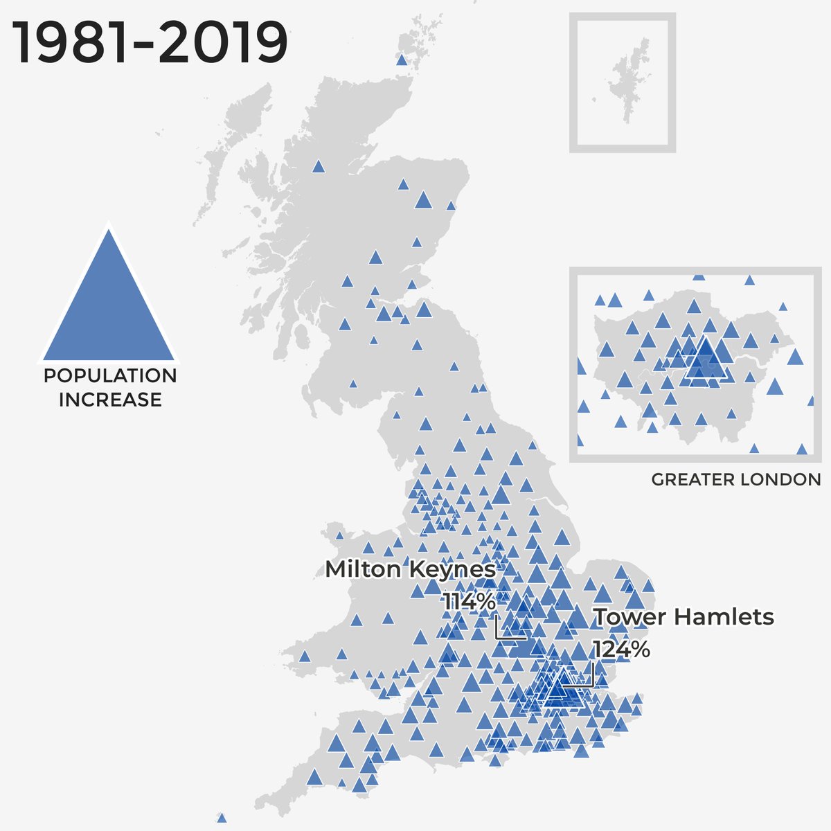 here are the top and bottom two in terms of % change from 1981 to 2019 - Milton Keynes and Tower Hamlets are the only two with 100% growth over this time