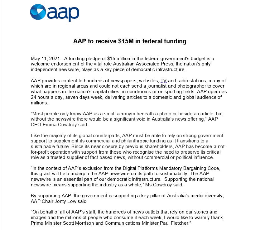 AAPNewswire's tweet photo. @AAPNewswire to receive $15m in #Budget2021. @PaulFletcherMP #auspol https://t.co/CC3m1KYS4G