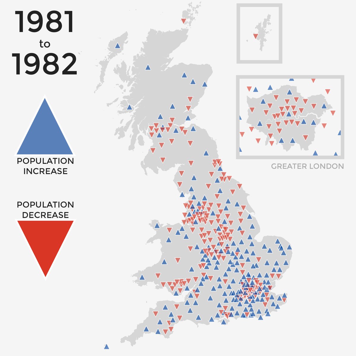 the single year change from 1981 to 1982 map has lots of upside down red triangles, as you may expect - and lots in London too