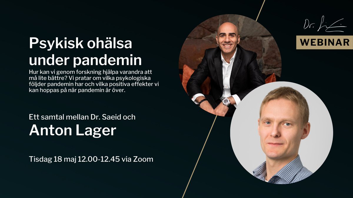 Vilka psykologiska påföljder tror ni att den här pandemin kommer ha på den svenska befolkningen? 🤔
Välkommen på webinar tisdag 18 maj 12.00 med Anton Lager. Anmäl dig: …-ohlsa-under-pandemin.confetti.events