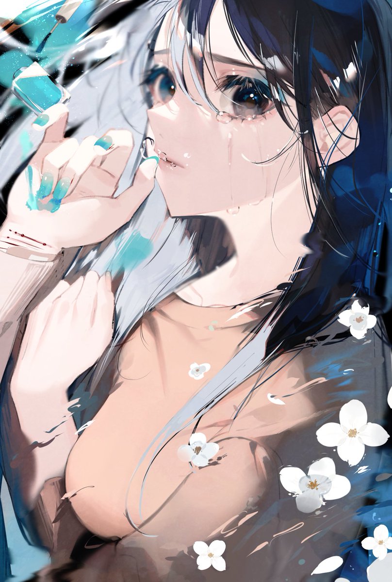 1girl solo flower looking at viewer long hair tears black hair  illustration images