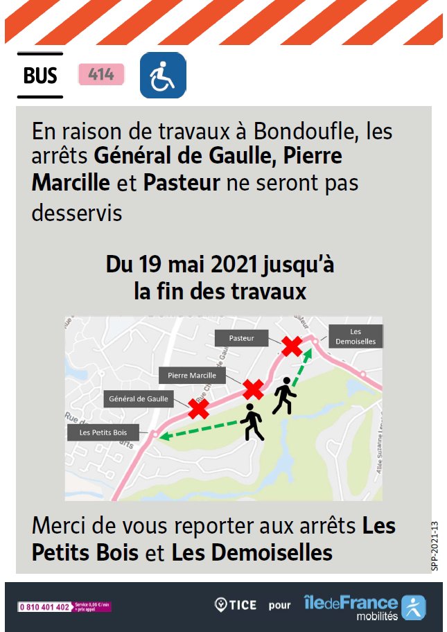 EvryEss_IDFM's tweet image. #InfoTrafic Des travaux sont prévus à Bondoufle à partir du 19 mai 2021. La ligne #bus414 sera donc déviée. Bonne journée!