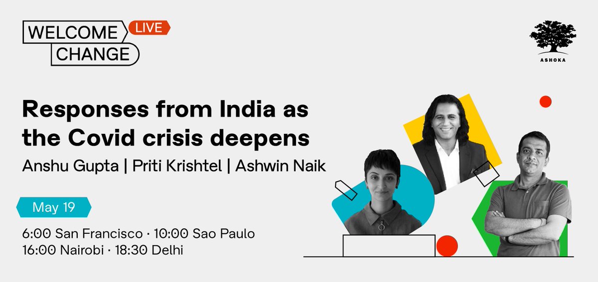 Decentralized grassroot networks are leading the #Covid19India response. 

Join us on May 19 to hear from #AshokaFellows <a href="/anshugoonj/">Anshu Gupta</a>, <a href="/ashwinnaik/">Ashwin Naik | ಅಶ್ವಿನ್ ನೈಕ್ । अश्विन नाईक</a> and <a href="/pritikrishtel/">Priti Krishtel</a> about what's working and what's next. 

Register today: bit.ly/2QVwmRc

<a href="/AshokaIndia/">Ashoka India</a>  <a href="/goonj/">GOONJ</a> <a href="/IMAKglobal/">Initiative for Medicines, Access & Knowledge</a>