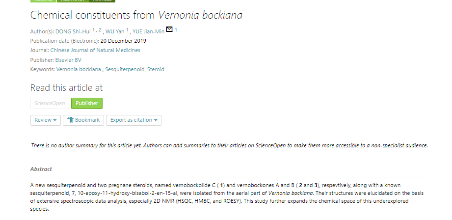 CjnmJournal's tweet photo. 'Chemical constituents from  Vernonia bockiana' an article on #ScienceOpen: https://t.co/a19ewAQmjz https://t.co/qBQNmWMJep