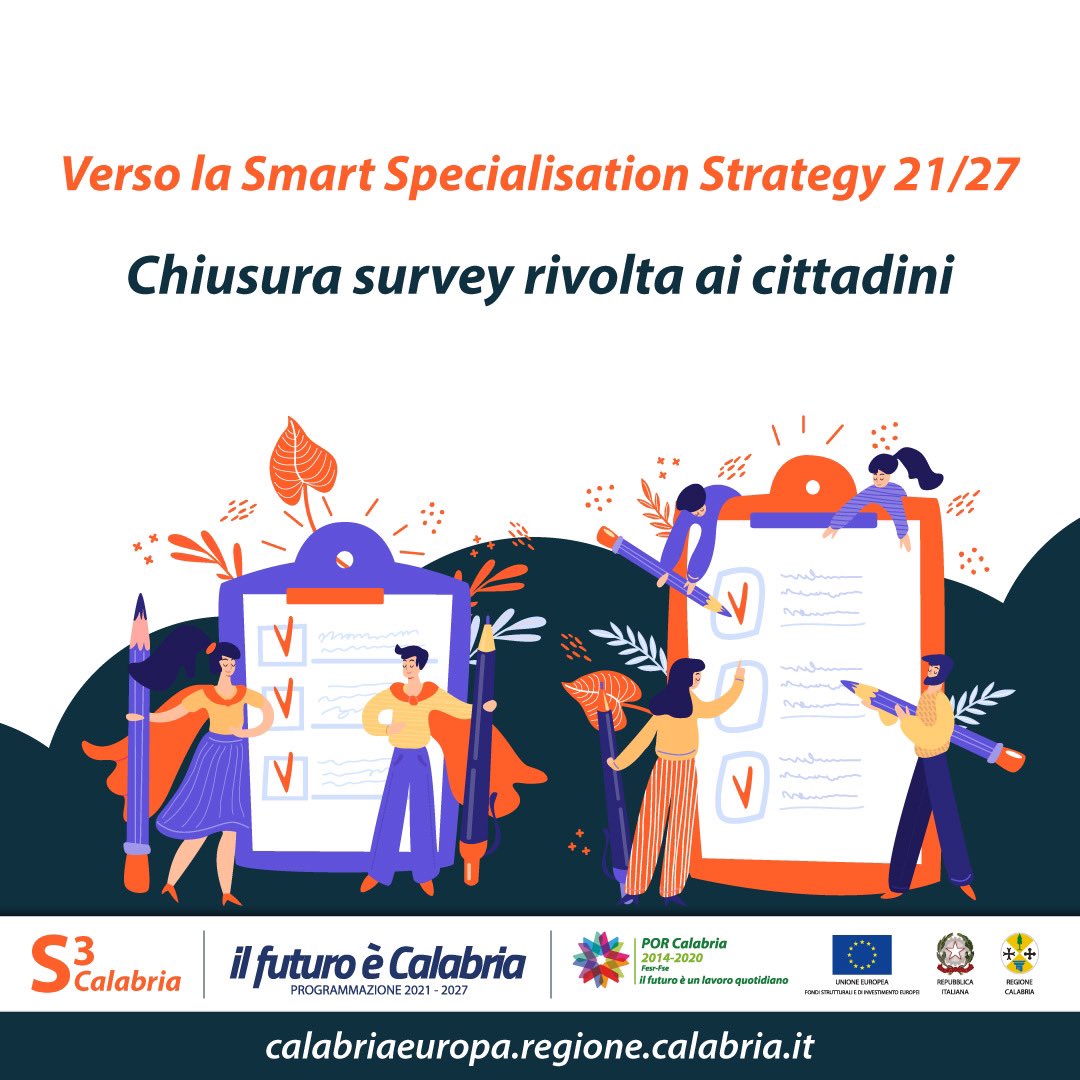 PorCalabria's tweet photo. Smart Specialisation Strategy (S3) 21/27
Fino al 14 maggio, i cittadini calabresi hanno la possibilità di partecipare al percorso di costruzione della S3.
Partecipa alla survey👉 https://t.co/bUMB5iJcQk
Leggi la news 👉https://t.co/8cnITXX3qG https://t.co/2xjDGLyLVx