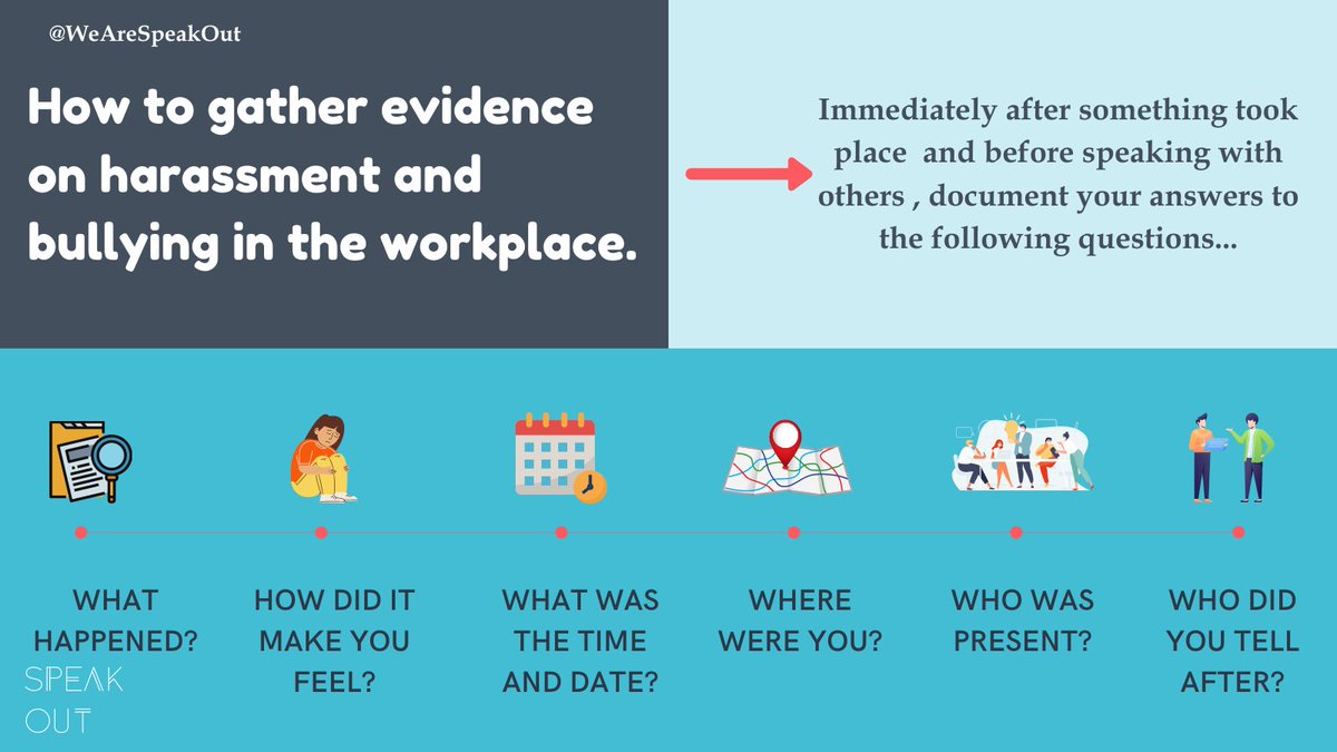 WeAreSpeakOut's tweet photo. How to #gatherevidence on #harassment and #bullying at work. This not only helps to build a case against the perpetrator but acts as a means of #self-validation.
If you have experienced a #toxicworkplace share your experience @ https://t.co/dp5gaW4djP https://t.co/hzpRttvLja