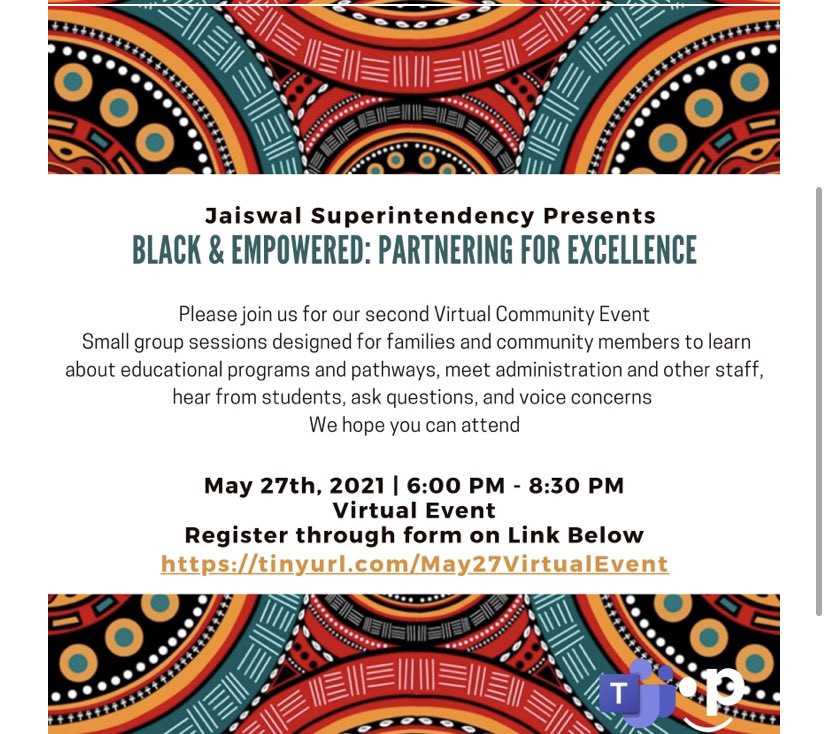 Please join us for our second Jaiswal Family of Schools’ Virtual Community Event - Black and Empowered: Partnering for Excellence on Thursday May 27, 2021 from 6:00 PM - 8:30 PM. This is for families from Kindergarten to Grade 12