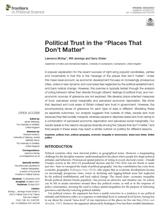 rodriguez_pose's tweet photo. Political Trust in the “Places That Don't Matter.” Fascinating paper by @lawrencemckay94, @drjennings &amp; @ProfStoker in @FrontPolSci.
They  test discontent in declining places using trust and perceived marginality and deprivation.
Well worth a read.
https://t.co/tWvck6kjIp https://t.co/HHzw6hobuY