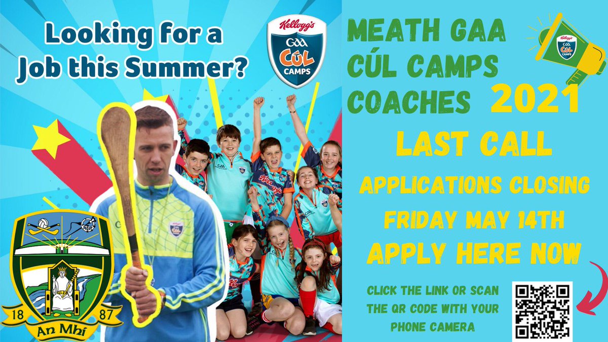 🚨 Last chance for you to apply for a summer job as a coach at the <a href="/MeathGAA/">Meath GAA</a> Cúl Camps.

Link to apply 👉🏼 forms.office.com/r/9vEHq5L8AX
