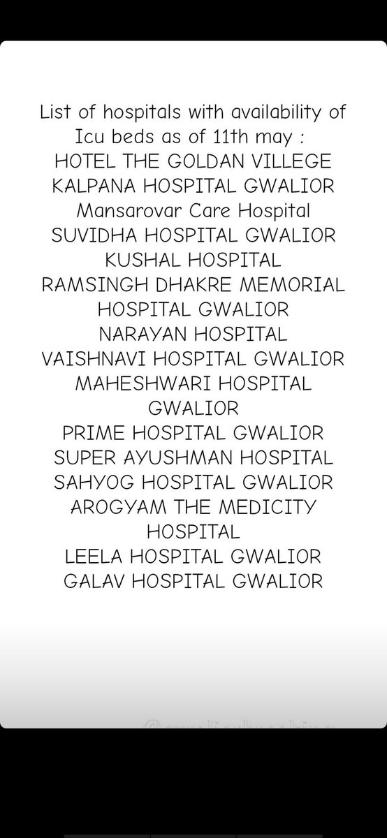 HelpCommunity10's tweet photo. #ICUBeds available in #Gwalior as of 11/05/2021 https://t.co/zgw8zoC8Rj