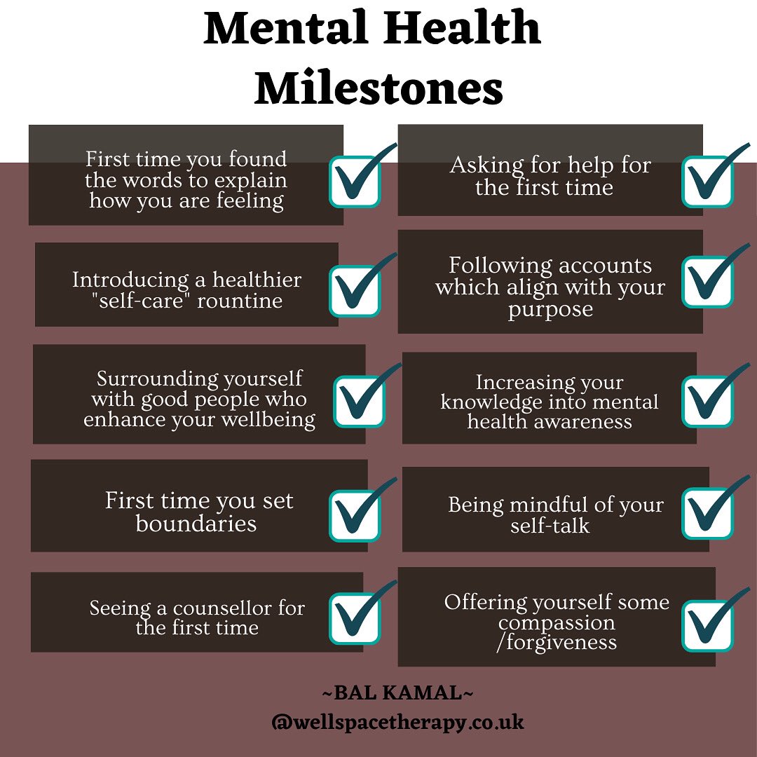 well_therapy's tweet photo. It’s Mental Health Awareness week, and what better way then to celebrate your successes through your, “Mental Health Milestones?”
Have you come across any of these milestones? Share your successes below!👇🏼#MentalHealthAwareness #MentalHealthMatters  @Therapists_C @CStaffroom https://t.co/FxQEGGCmTT