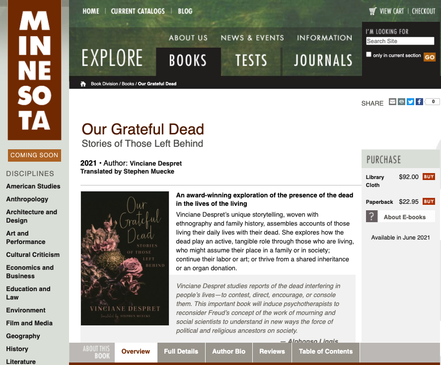 BrettBuch's tweet photo. Really looking forward to seeing Stephen's (@MonsieurMouche) translation of Vinciane's book out in print w/ @UMinnPress! Such beautiful and generous reflections on the relations we maintain with the dead. https://t.co/0MKIhIROw4