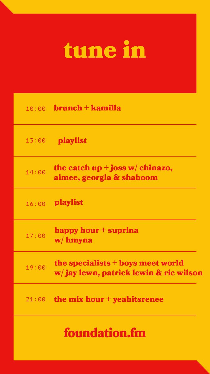 tune in to foundation.fm 

<a href="/JOSSISMEEK/">JossISM</a>
 w/ <a href="/heyitsmeitschi/">Chinazo Ufodiama</a>, <a href="/aimeephillips94/">Aimee Phillips</a>
 <a href="/georgiamayds/">georgia d</a> &amp; <a href="/shaboomnrg/">Shaboom</a>
 
suprina w/ hmyna 

<a href="/Jay_Lewn/">sinewave_superstar</a> &amp; <a href="/patricklewin_/">patrick lewin</a> w/ <a href="/RicWilson/">disco ric 💙</a>
 
<a href="/yeahitsrenee/">yeahitsrenee</a>
 
🤠