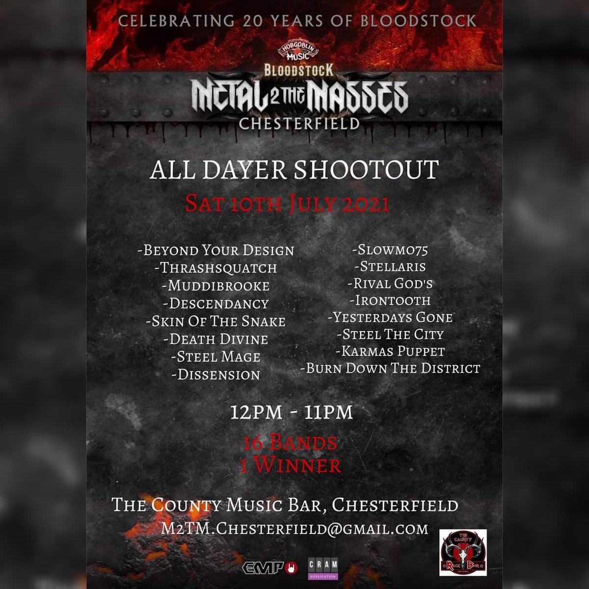 MuddiBrooke's tweet photo. Well, now we're allowed to announce it.. our very first, live gig will be at Metal 2 The Masses in Chesterfield! 
We'll be battling it out with 15 other bands for a spot at @BLOODSTOCKFEST
And what a line up it is 😳🤩

LETS DO THIS!! 🤘 https://t.co/5NhNz1ltDj