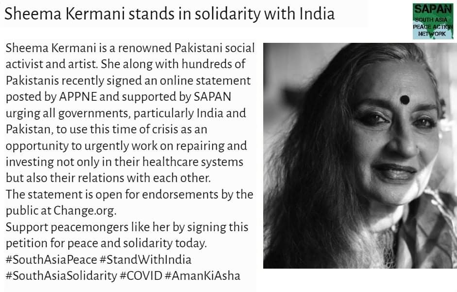 @tehrikeniswan stands with the people of India during this time of crisis. Support Peace mongers like her by endorsing this statement: bit.ly/chngspn 
#PakistanstandswithIndia #CovidIndia #southasiasolidarity #StandWithIndia #amankiasha APPNE @southasiapeace @beenasarwar