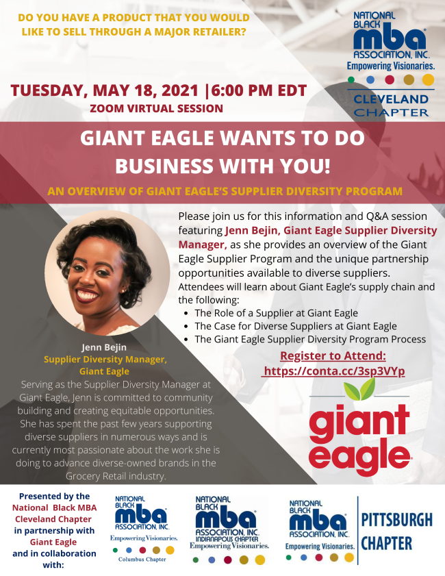 CLE_BLACKMBA's tweet photo. Do you have a product that you would like to sell at a major retailer?  Join us for a virtual session on May 18 at 6 PM presented in partnership with Giant Eagle to learn more about their Supplier Diversity Program.  Registration closes May 16. https://t.co/sPV01im89W https://t.co/5Uz3tyYtzS