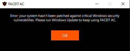 Ошибка FACEIT Anti Cheat. Ошикаб айнти чит фейсита. Ошибка фейсит античит Error your System hasn t been Patched. Ошибка фейсит с виндовс. Please run windows updates