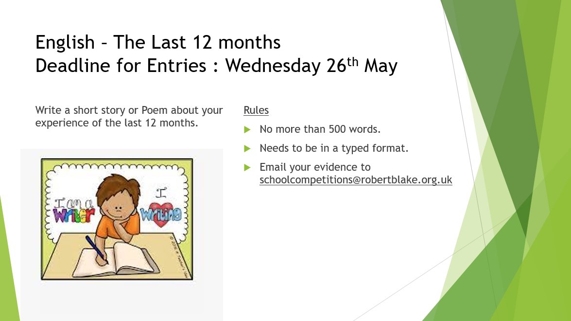 The next two school community competitions are live! 

See the images below for all of the information. Remember all entries will receive points that will contribute to your overall score. 

Good luck! 

<a href="/RobertBlakeSC/">Robert Blake School</a>