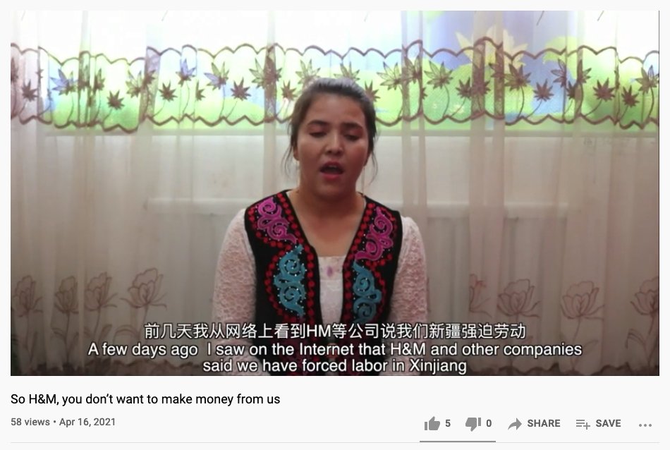 1) Many propaganda videos start with a person saying they had heard about the boycott by H&M and others and how the accusations made by the firms were lies.