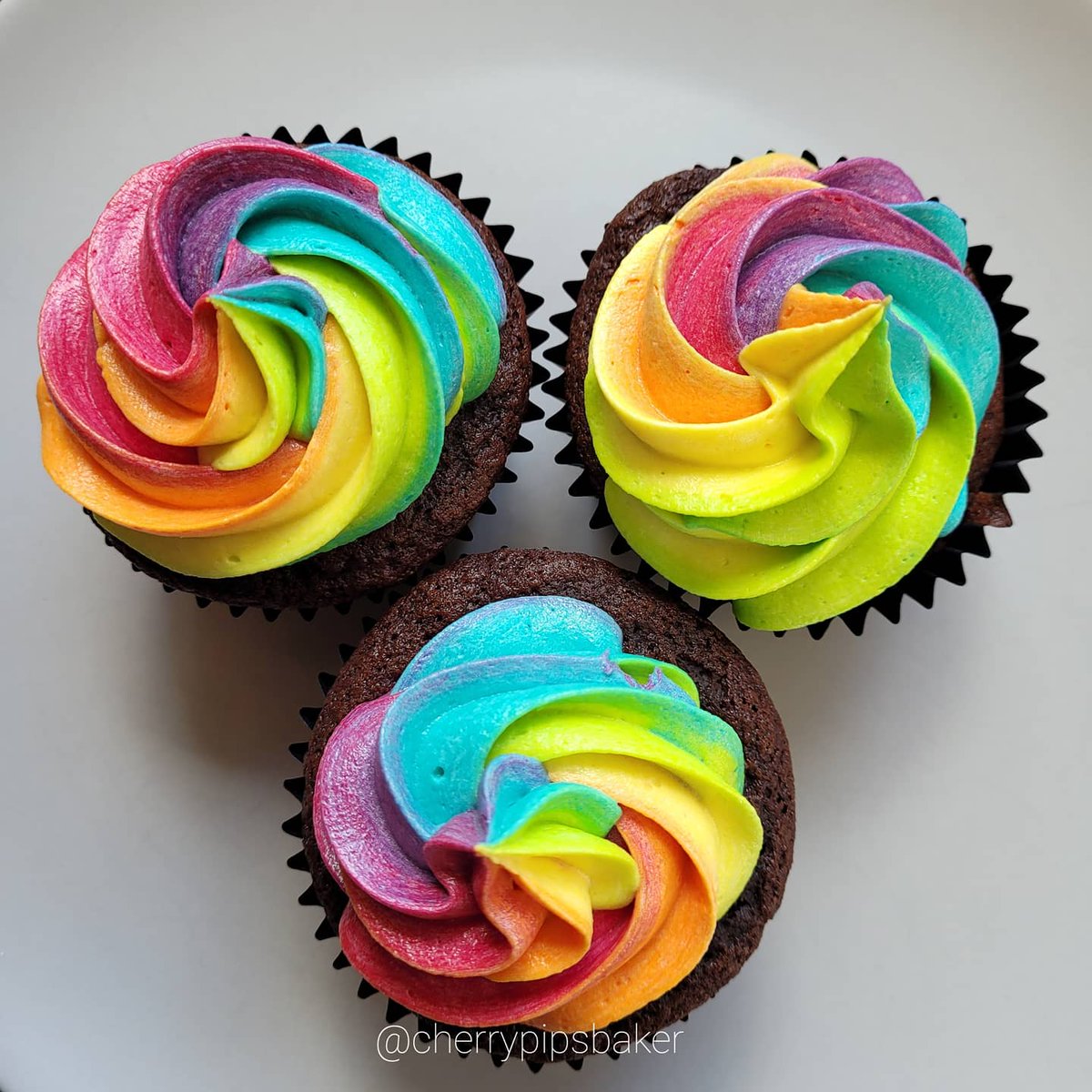 cherrypipsbaker's tweet photo. I made some more rainbow cakes this week (for my brothers LQBTQ+ group at the school where he works). This week they are chocolate cake with vanilla buttercream and BRIGHT rainbow colours. 
#cupcakes #LGBTQ #pride #rainbow https://t.co/dChfBYLiCv