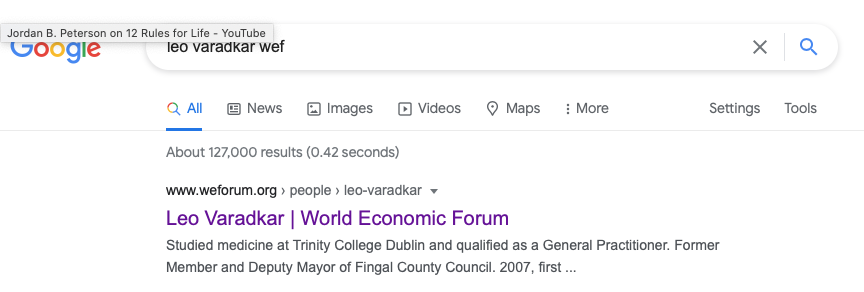 4. Check if the person or organisation is part of the World Economic Forum. Anyone that has ties to them need to be investigated. This can be as simple as typing in their name + wef into Google. For example Leo Varadkar wef. Same for any big business, organisation or think tank