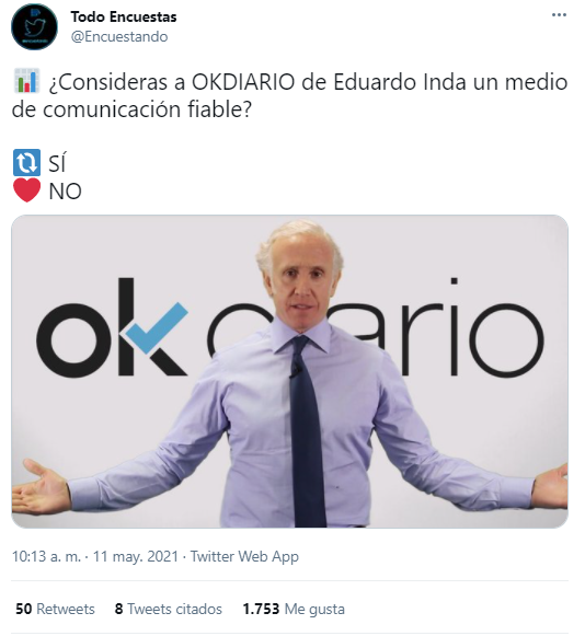 JulianMaciasT's tweet photo. Solo el 2% considera a OkDiario un medio fiable, pero más de 20 colaboradores del diario de fake news inundan todas las tertulias en todas las televisiones. ¿Por qué la presencia de OkDiario en la tele es 10 veces superior a cualquier otro medio?
Ahí está el quiz de la cuestión. https://t.co/5XkvTfQTV5