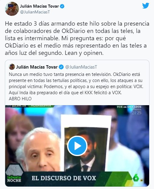 JulianMaciasT's tweet photo. Solo el 2% considera a OkDiario un medio fiable, pero más de 20 colaboradores del diario de fake news inundan todas las tertulias en todas las televisiones. ¿Por qué la presencia de OkDiario en la tele es 10 veces superior a cualquier otro medio?
Ahí está el quiz de la cuestión. https://t.co/5XkvTfQTV5
