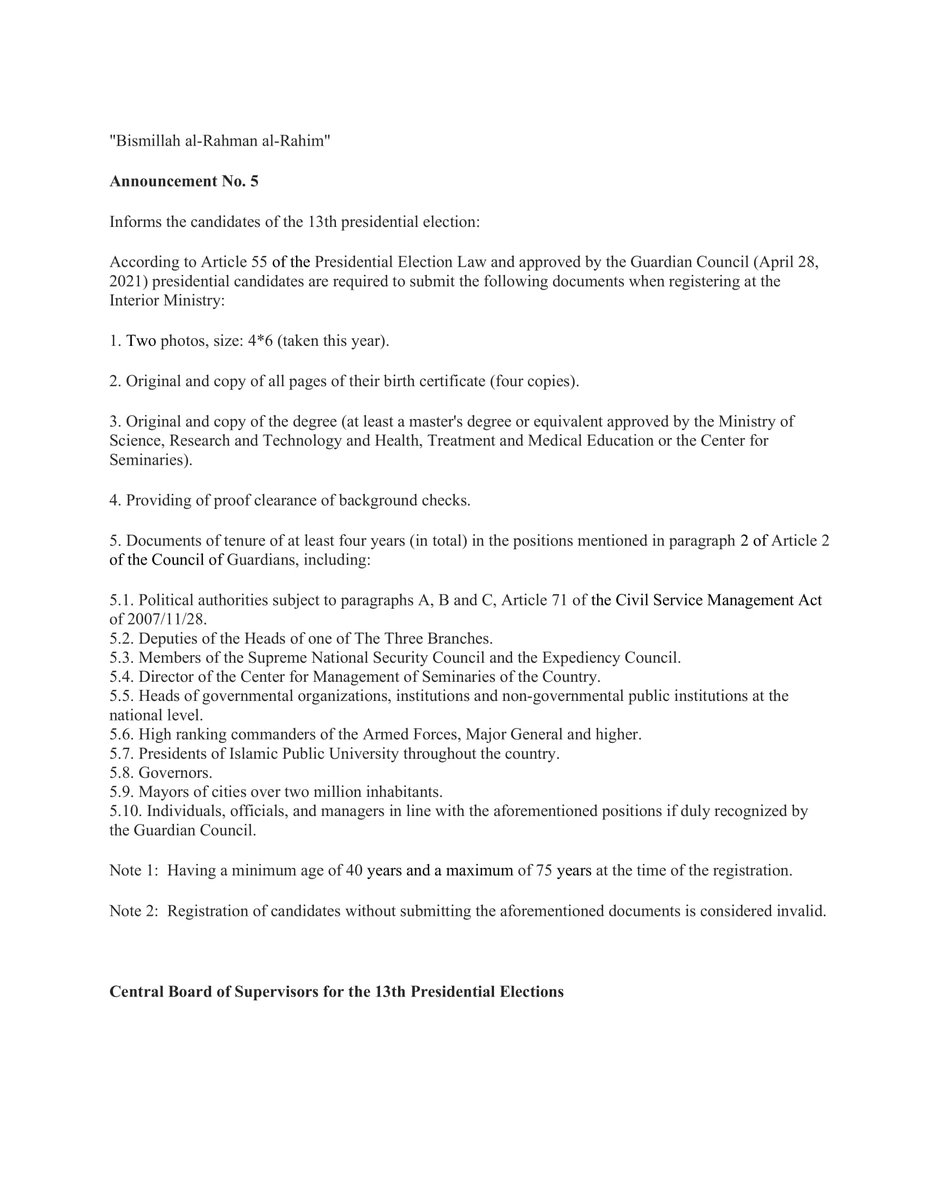 TheMediaExpress's tweet photo. Announcement nr. 5 from Central Board of Supervisors for the 13th Presidential Elections in #Iran suggests that only candidates who have occupied the highest ranks in the regime will be considered. See translation text

#IranElection2021 

Source: https://t.co/T1chwjvDzS https://t.co/k9glZPQLSY