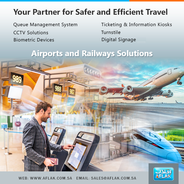 AflakElectronic's tweet photo. Aflak offers a wide range of Solutions for Safer and Efficient Travel at #Airports and #Railways of #Saudi, To know more details of our products, visit us at: https://t.co/v7fWisWMSJ
#QueueManagement #CCTVCameras #BiometricDevices #Kiosks #DigitalSignage https://t.co/H1kgbE0OcL