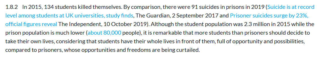 SUICIDESThe number of students taking their own lives has overtaken the general population for first time in 2018. The suicide rate among UK students had risen by 56 per cent in the 10 years between 2007 and 2016, from 6.6 to 10.3 per 100,000 people13/