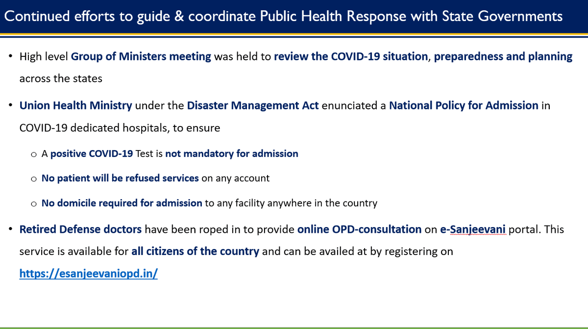 JS,  @MoHFW_INDIA shares revised  #COVID19 testing strategy Retired Defense doctors have been roped in to provide online OPD-consultation on  https://esanjeevaniopd.in/ Service available for all citizens and can be availed at by registering on the platform #Unite2FightCorona