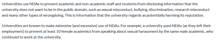 How do unis cover up their wrongdoing?NDAs are a tool for universities to suppress information that the public would find shocking in order to protect the reputation of the university and of university managers19/
