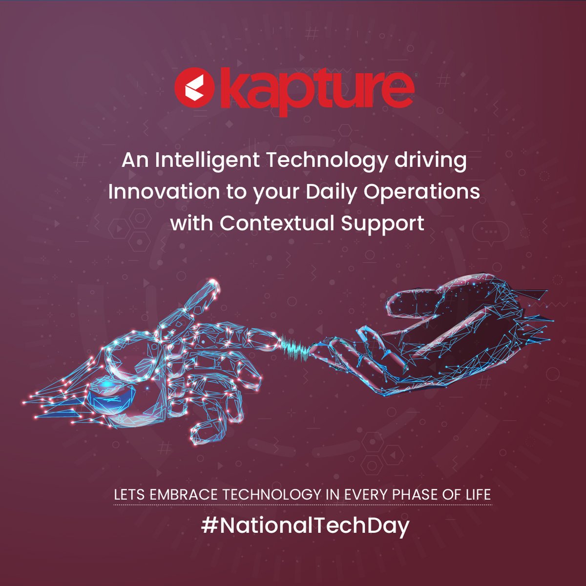 KaptureCX's tweet image. Kapture CRM is an intelligent platform where automation meets customer support. 
Lets together embrace technology on this National Technology Day                                                                  #worldtechday #helpdeskticketingsystem #CRM #contextualsupport