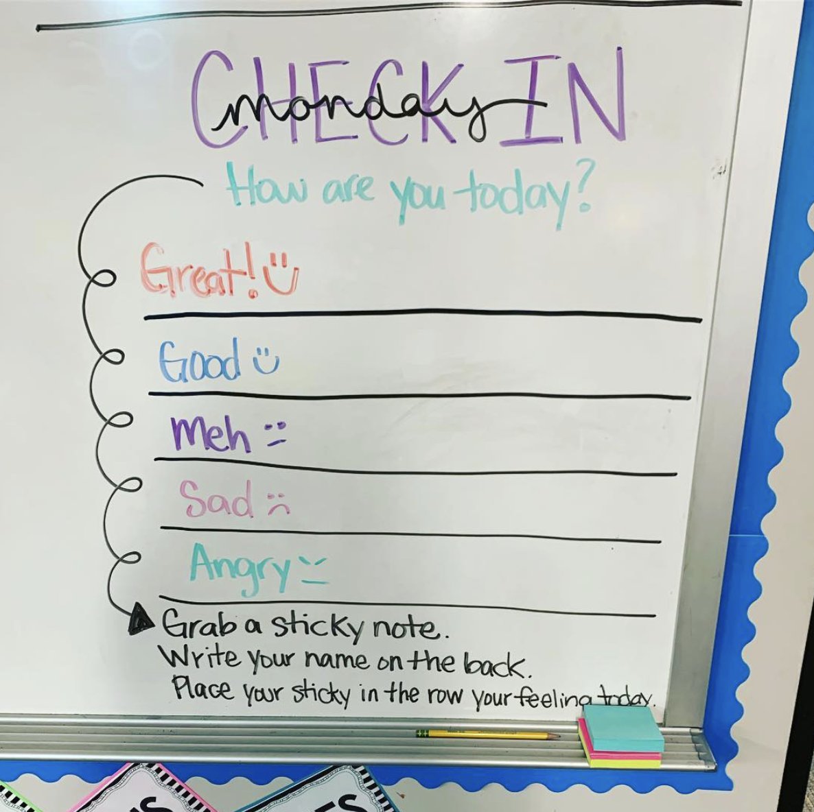 teacher2teacher's tweet image. With just a whiteboard and some Post-it notes, this anonymous, quick check-in can bring some #SocialEmotionalLearning to your classroom!

(Activity idea via T Diamend Blanco) #TeacherPD #HowITeach