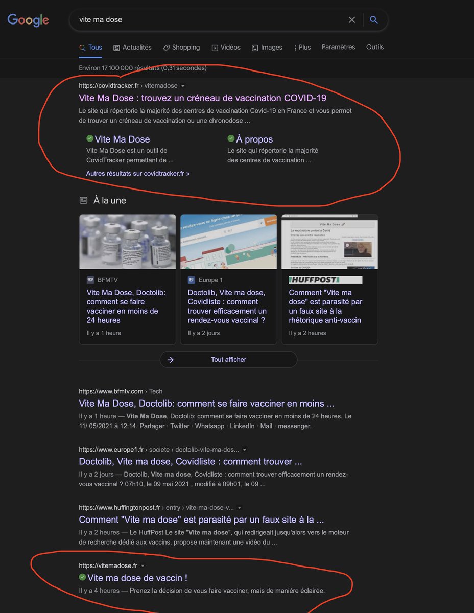 tristanmf's tweet photo. Et le site de propagande antivax qui usurpe @ViteMaDose_off est malheureusement très bien référencé.
En navigation privé sur Google, 2e résultat (en dehors des médias). https://t.co/SH7fdQZfDU