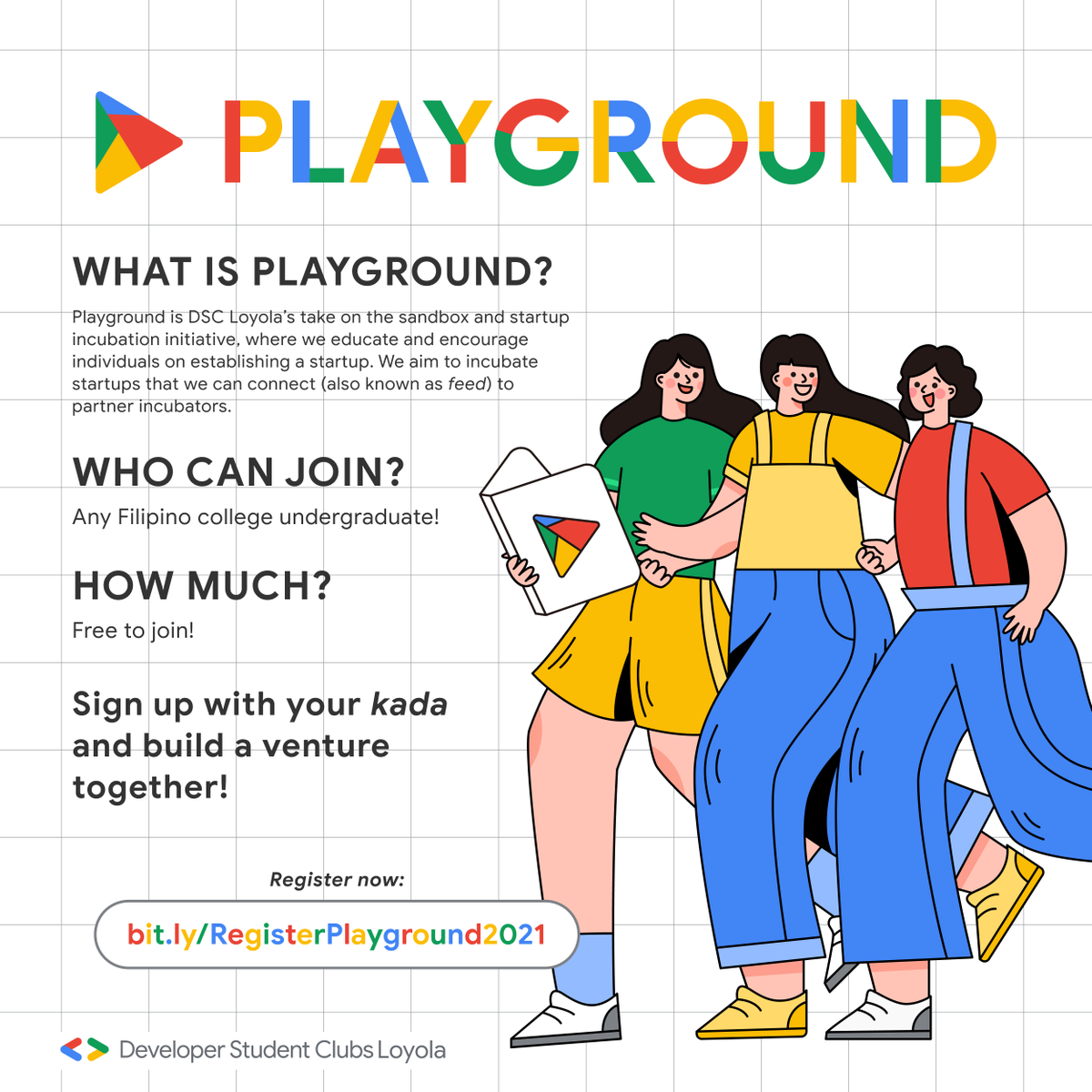 GDSCLoyola's tweet photo. Hello, World!
Still looking for a sign to register for Playground? This it it! ๐คธ๐ฝ
Playground registration is open until May 19, 2021. Sign up with your kada now and build a venture together!
Register now ๐๐ผ https://t.co/aguMcpGQsI
#DSCLoyola
#DSCAdMU
#IgnitingCreativity https://t.co/DNPTgGjJwa