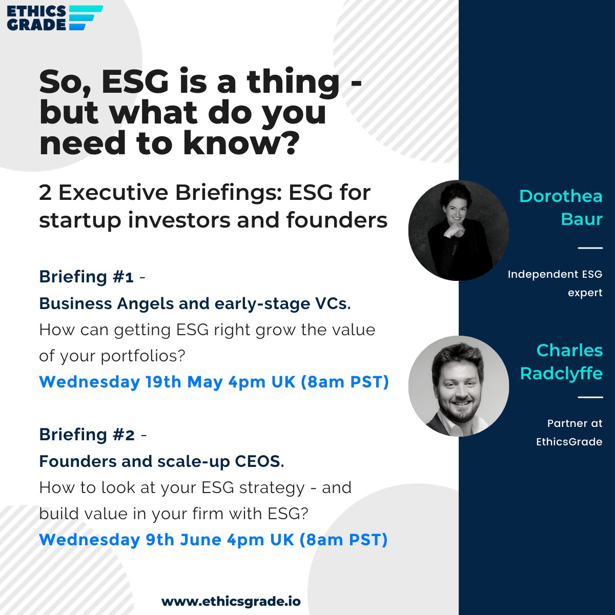 EthicsGrade's tweet image. Calling all early stage investors and founders! We’re going to be hosting two briefings where we explain ESG &amp;amp; technology governance and its relevance to early stage investors who are keen to build value in their portfolios. 

#esg #technologygovernance