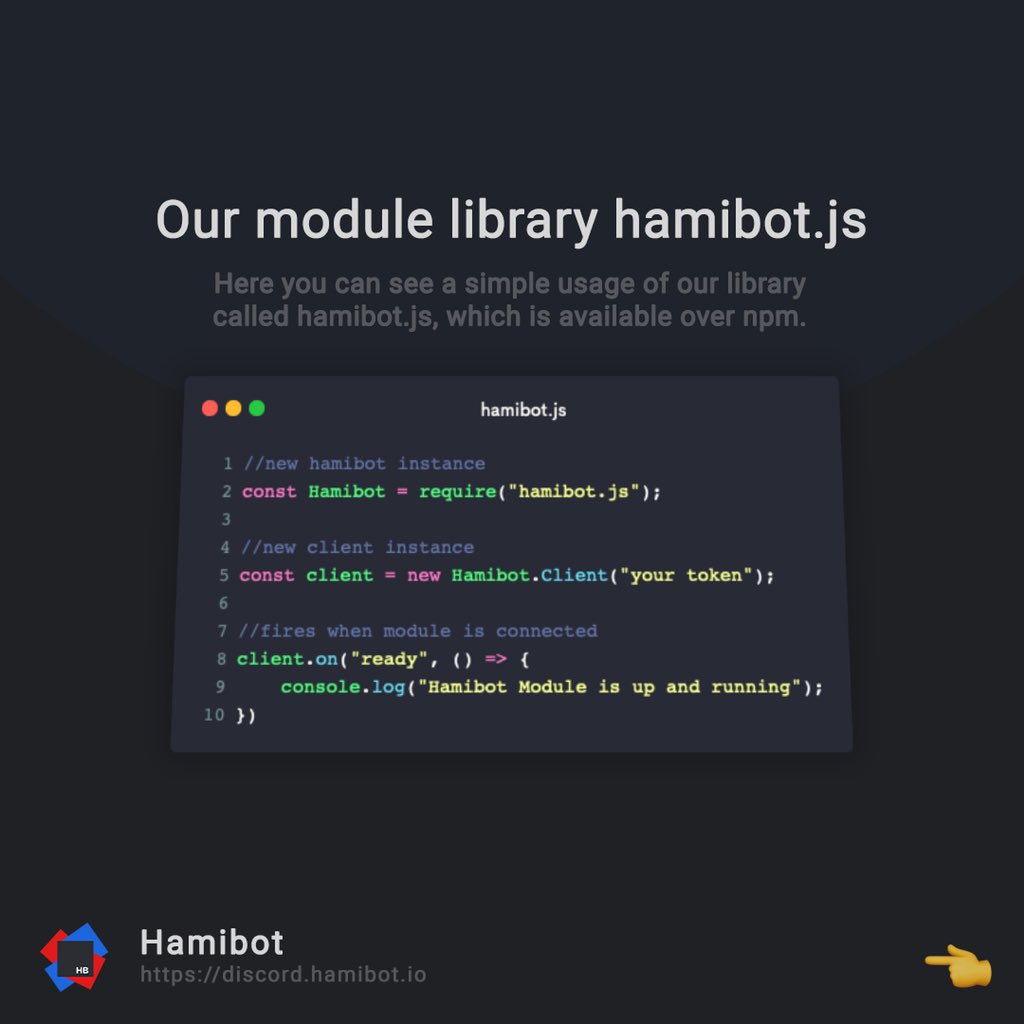 HamibotIO's tweet image. First look at our npm package called hamibot.js.
Create insane modules and connect them to our marketplace via websockets, so discord server owners can activate and use them.
.
.
.
#discordapi #hamibot #discordbot #npm #npmpackage #js #javascript #development