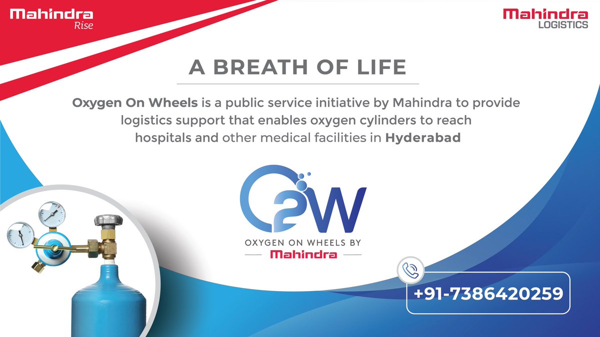 anandmahindra's tweet image. Oxygen on wheels by @MahindraLog_MLL goes live in Hyderabad, the 7th city in which we deliver O2 cylinders to hospitals and medical centres. Thanks to the local administration for their support. Expanding operations to other cities in coming days @MahindraRise #RiseForGood (1/2)