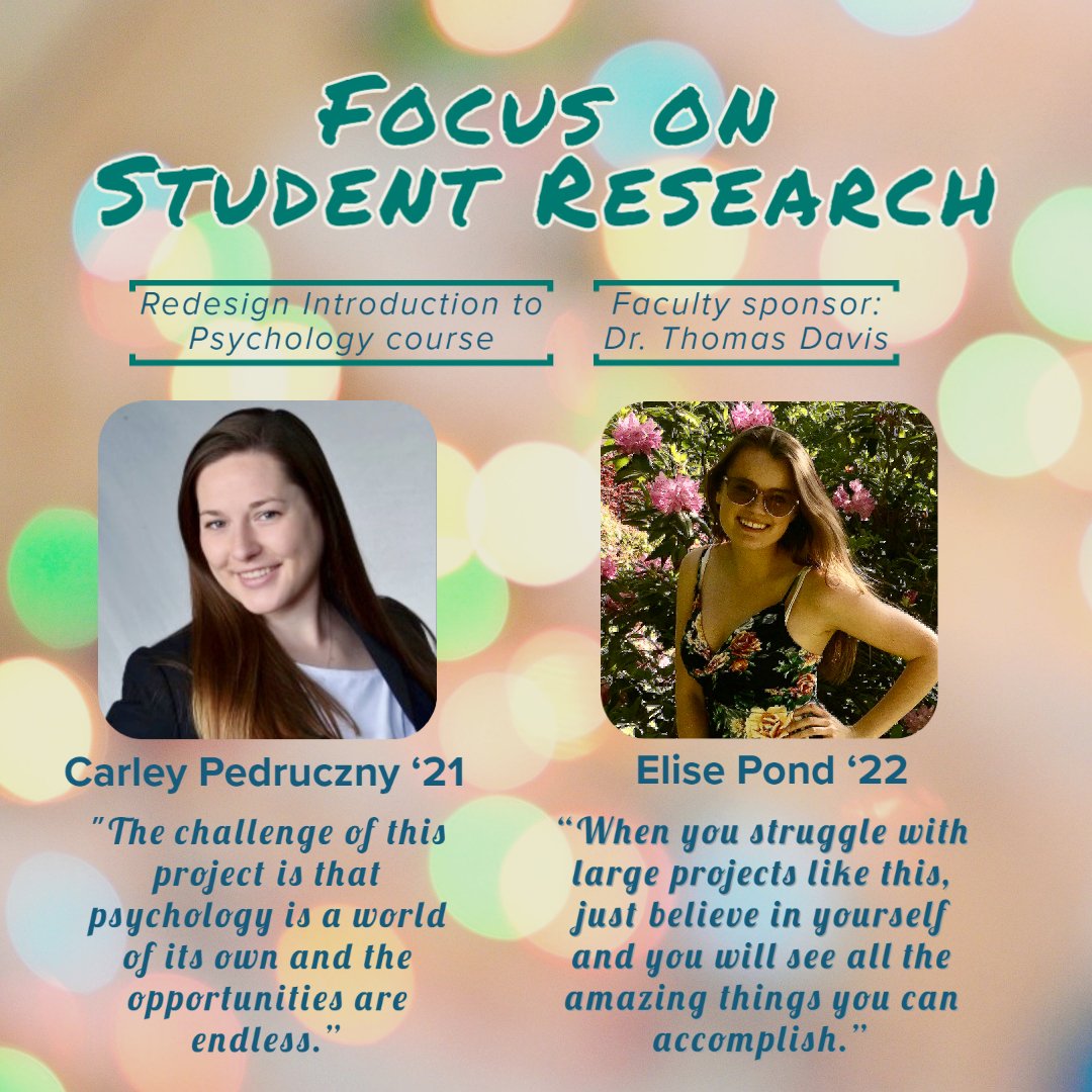 nc_academics's tweet photo. Working with Psychology Chair Prof. Tom Davis, Carley Pedruczny ‘21 (IBUS) and Elise Pond ‘22 (Psychology) helped reimagine and revise the Intro to Psychology course. Their in-depth five-step research process included integrating student feedback. #studentleaders https://t.co/Xn74V8sBO6