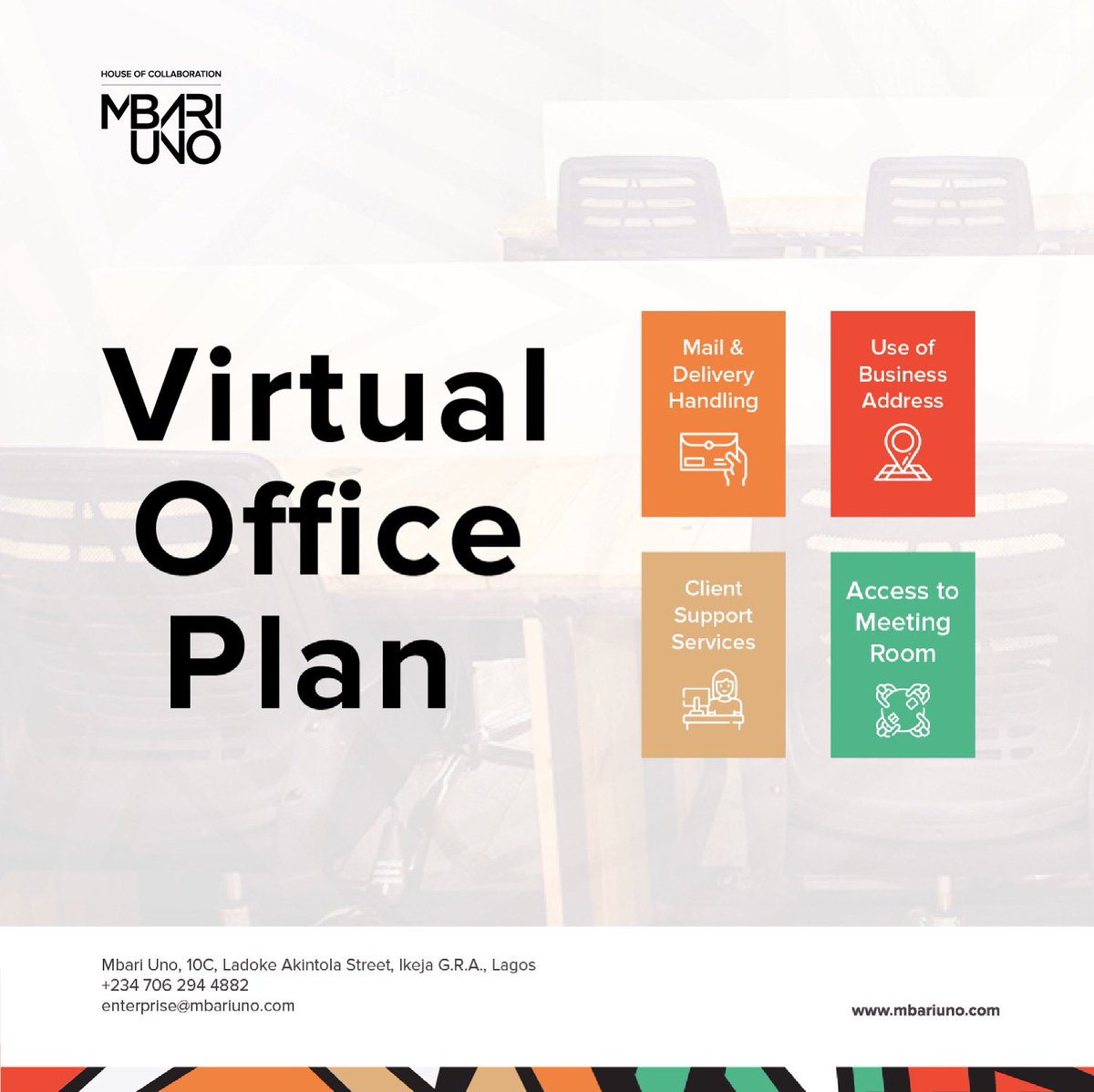 MbariUno's tweet photo. Are your projects always in remote locations? Then you might not need to run a regular office and can save cost by signing up for our virtual office plan. Let us be the face of your business.
#VirtualAssistant #VirtualOffice #VirtualPlan #Ikeja https://t.co/lhR0B6HwLo