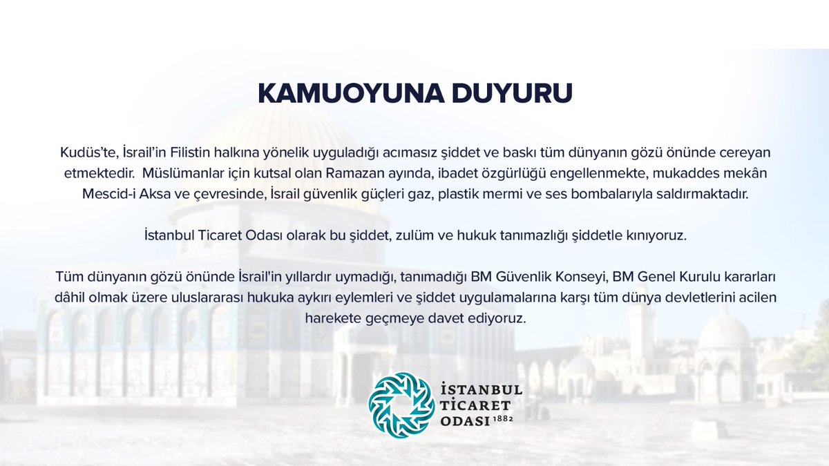 #MescidiAksa’ya yönelik şiddet, zulüm ve hukuk tanımazlığı şiddetle kınıyoruz.

#Filistin
#MescidiAksa 
#AlAgsa