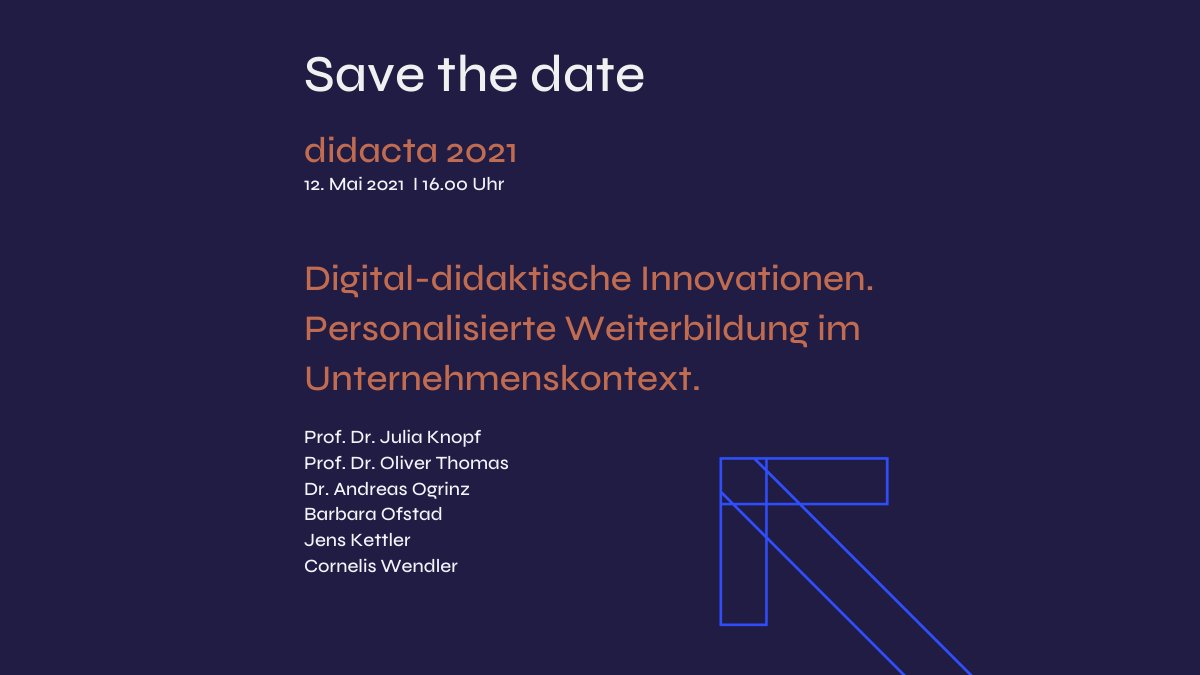Prof_Dr_Thomas's tweet photo. Die #didacta21 läuft! Morgen ab 16h sprechen @profknopf und ich mit namhaften Bildungsexperten über „Personalisierte Weiterbildung im Unternehmen.“ Mit dabei: @barbofstad, Dr. Andreas Ogrinz (@BAVChemie), Jens Kettler (Edeka) und Cornelis Wendler (Saarstahl AG). #profthomas https://t.co/PVDjjndN0X