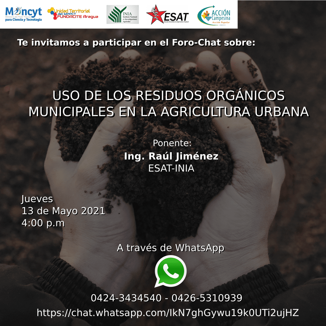 FundaciteAragua's tweet photo. Te invitamos a participar en el Foro-Chat: Uso de los Residuos Orgánicos Municipales en la Agricultura Urbana.
Ponente: Ing. Agr. MSc. Raúl Jiménez. (ESAT-INIA) 
https://t.co/YusC59y0eW ó por 0424-3434540 / 0426-5310939
Se entregará certificado digital a los participantes. https://t.co/imYEdotQBU