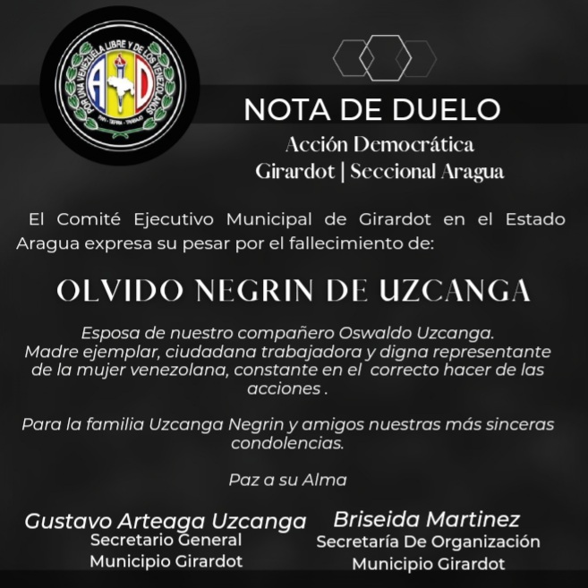 #11Mayo Consternado con el fallecimiento de Olvido Negrin de Uzcanga, esposa de mi tío Oswaldo Uzcanga. Una mujer de una energía contagiosa y ceñida siempre al correcto hacer de las cosas. Descanse en Paz. #Maracay