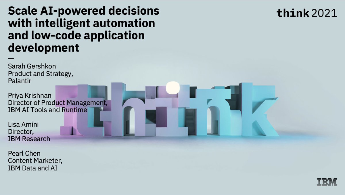 BigBlueSuedes's tweet photo. Join @IBM and @PalantirTech at #Think2021 as we talk about democratizing #AI with intelligent automation and low-code applications. Come for the demos, stay for the quiz bowl! 

#intelligentautomation #lowcodenocode #machinelearning #operationalizeAI   https://t.co/nYP2MTyFSv https://t.co/dCDYX5JauD